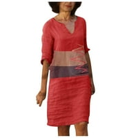 Фонесоап Мода Жените Ретро Печатење V-Вратот Краток Ракав Удобен Секојдневен Фустан Црвено