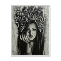 DesignArt 'Портрет на млада жена со цвеќиња iii' модерна врамена платна wallидна уметност печатење
