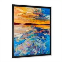 DesignArt 'Whirly Blue бранови под портокалово зајдисонце' Наутички и крајбрежен врамен уметнички принт