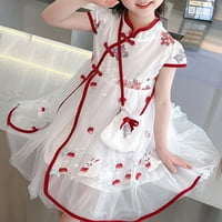 Девојки дете фустани лето ретро подобрена Cheongsam цветни печатени модни принцези Меш фустан за 5- години