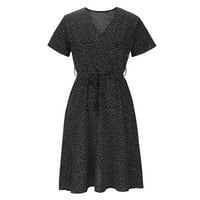 Црни фустани во Утоимкио за жени дозвола за жени лето V вратот завој, печати обични фустани со краток ракав