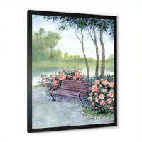 DesignArt 'Bench in Park By the Pions Flowers Bushes Trational Rramed Art Print