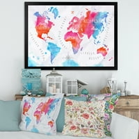 DesignArt 'Светска мапа во сина и розова' модерна врамена уметност печатење
