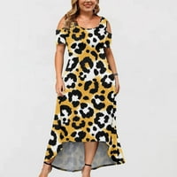 Женски Летни Фустани Голема Големина Екипажот Вратот Ладно Рамо Краток Ракав Леопард Печатени Фустан