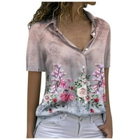 Хенли Флорална Блуза Обични Врвови Мода Со Кратки Ракави За Жени Пинк С
