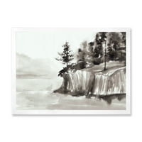 DesignArt 'црно -бели карпи покрај езерото' Наутички и крајбрежен врамен уметнички принт