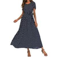 Alueeu летен фустан за жени Модни Жени О-Вратот Краток Ракав Плажа Полка Точка Завој Долг Макси Фустан