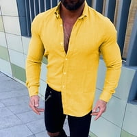 пгерауг машки кошули цврст лигав памук долг ракав тенок единечен свртен јака поло маици за мажи жолта м